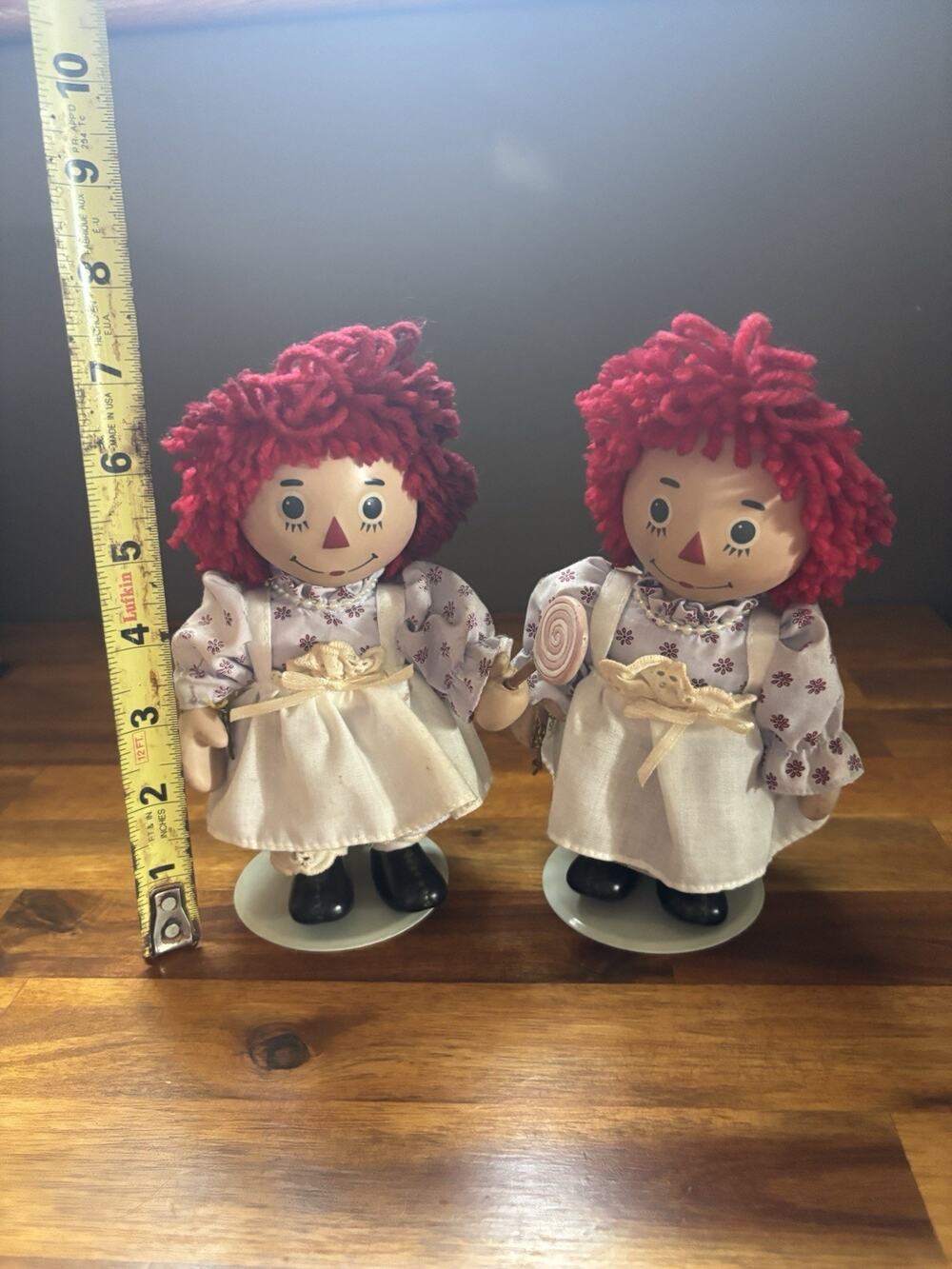 Vintage Brass Key And Lollipop Porcelain Raggedy Ann Figurine Doll Set of 2 8"